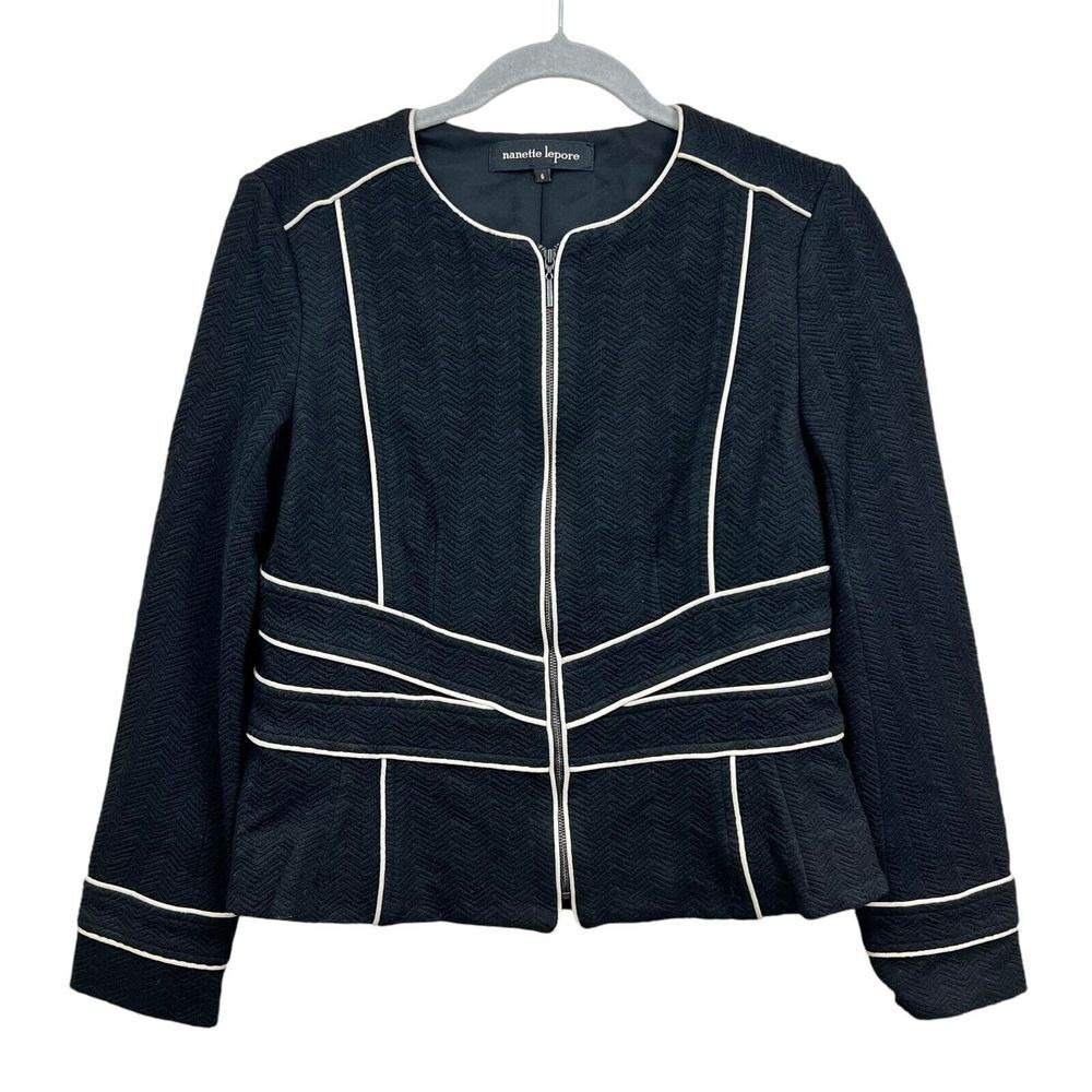 Nanette Lepore Women Blazer Collarless Cream Trim Zip Lined Textured Black Sz 6*